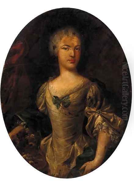 Portrait of a lady, half-length, in a cream dress and green wrap Oil Painting by John Vanderbank