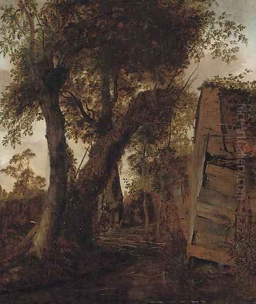 A wooded landscape with a peasant outside a barn Oil Painting by Roelof van Vries