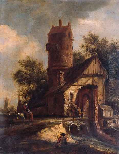 Travellers crossing a torrent by a fortified farmhouse near a dovecote Oil Painting by Roelof van Vries