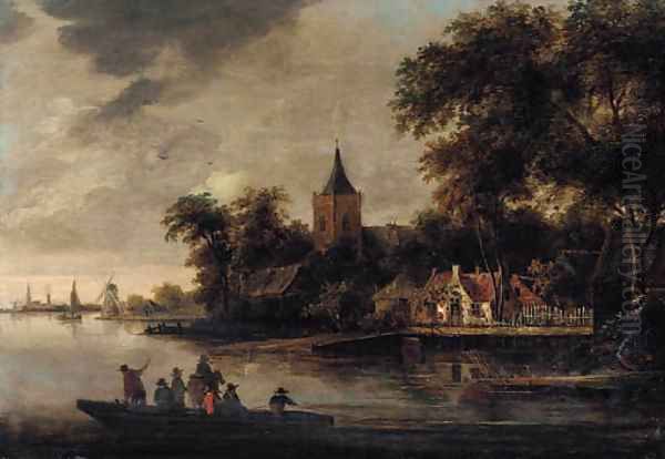 A river landscape with fishermen, a village beyond Oil Painting by Roelof van Vries