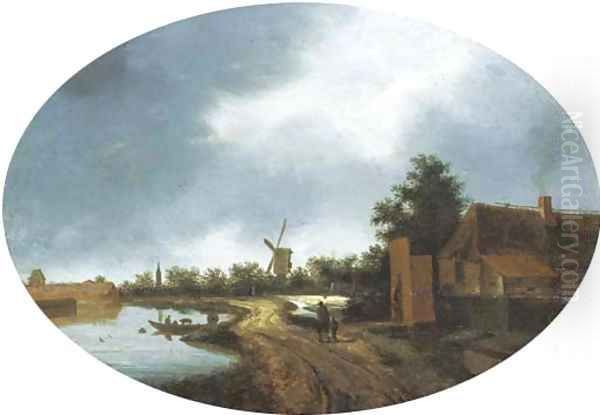 A river landscape with travellers on a path, a windmill beyond Oil Painting by Roelof van Vries