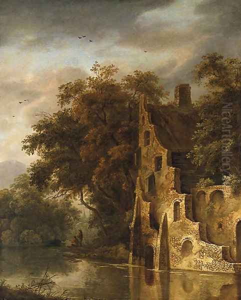 A wooded River Landscape with a Ruin, Anglers on a Bank beyond Oil Painting by Roelof van Vries