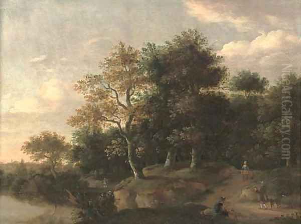 A wooded river landscape with figures on a track Oil Painting by Roelof van Vries