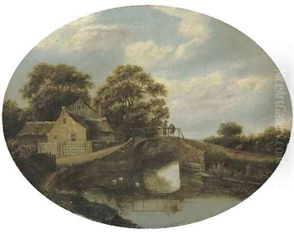 A wooded river landscape wih figures on a bridge near a house Oil Painting by Roelof van Vries