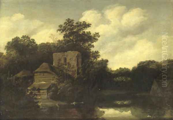 A wooded river landscape with a ruined tower and cottages Oil Painting by Roelof van Vries