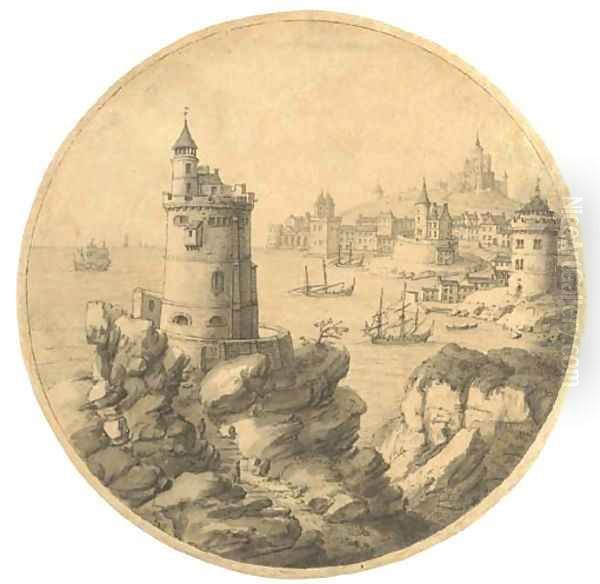 An imaginary coastal landscape with a tower, a port beyond Oil Painting by Theodor Vercruys