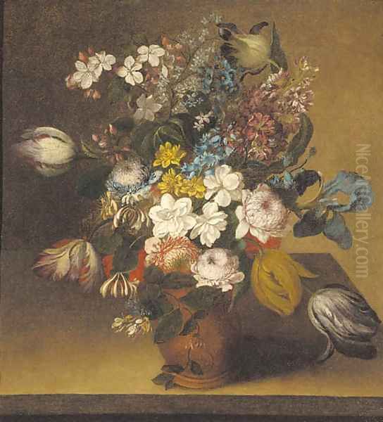 Honeysuckle, irises, stocks, tulips, chrysanthemums and narcissi in a vase on a table Oil Painting by Gaspar-pieter The Younger Verbruggen