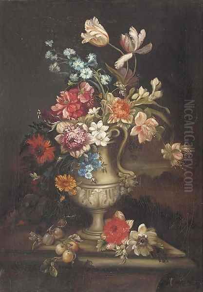 Tulips, carnations and other flowers in a vase with a butterfly and a dragonfly on a ledge Oil Painting by Gaspar-pieter The Younger Verbruggen