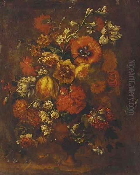 Carnations, tulips, narcissi, and other flowers in an urn on a ledge by Gaspar-pieter The Younger Verbruggen