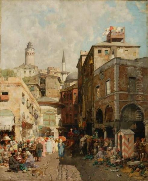 Una Via Di Galata, Anche Mercato Di Costantinopoli Oil Painting by Alberto Pasini