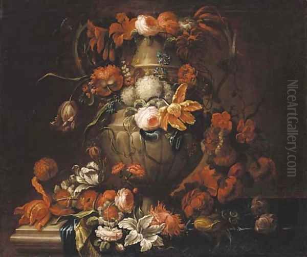 Roses, tulips, narcissi, carnations, blue bells, and other flowers decorating an urn on a ledge Oil Painting by Gaspar-pieter The Younger Verbruggen