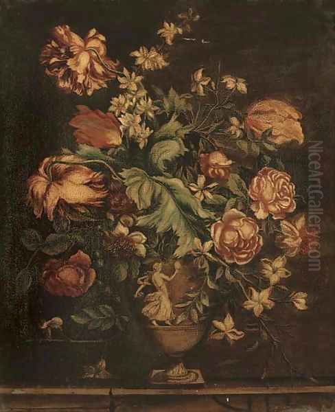 Parrot tulips, roses, narcissi and other flowers in sculpted urn Oil Painting by Gaspar-pieter The Younger Verbruggen