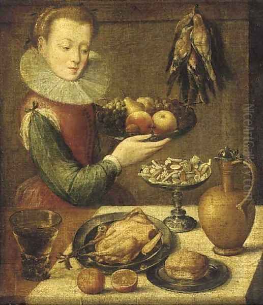 A kitchen maid holding a pewter platter of fruit before a partially draped table with a jug Oil Painting by Lucas van Valckenborch