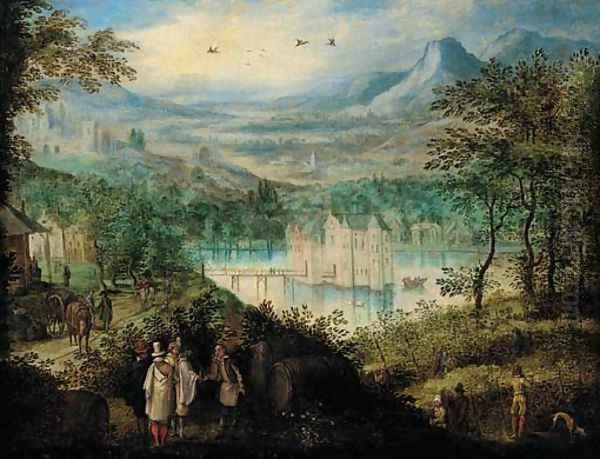 An extensive mountain landscape with elegant company at the vendage, a castle beyond Oil Painting by Lucas van Valckenborch