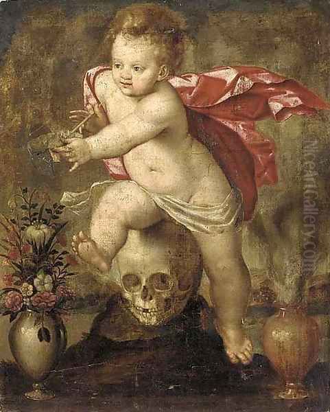 Homo bulla est a vanitas still life with a child blowing bubbles Oil Painting by Otto van Veen