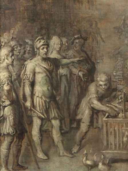 Julius Ceasar consulting the oracle of the holy chickens - en grisaille Oil Painting by Otto van Veen