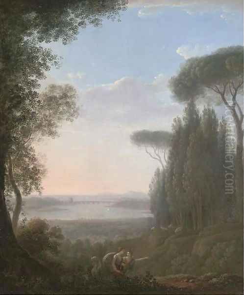 A wooded hilltop landscape with figures in the foreground, a bridge over a lake beyond Oil Painting by Pierre-Henri de Valenciennes