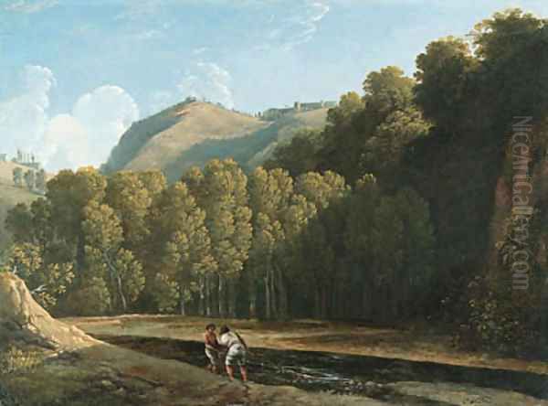 An Italianate wooded landscape with two fishermen by a stream Oil Painting by Pierre-Henri de Valenciennes