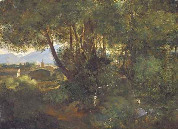 A woodland path before an Italianate town Oil Painting by Pierre-Henri de Valenciennes