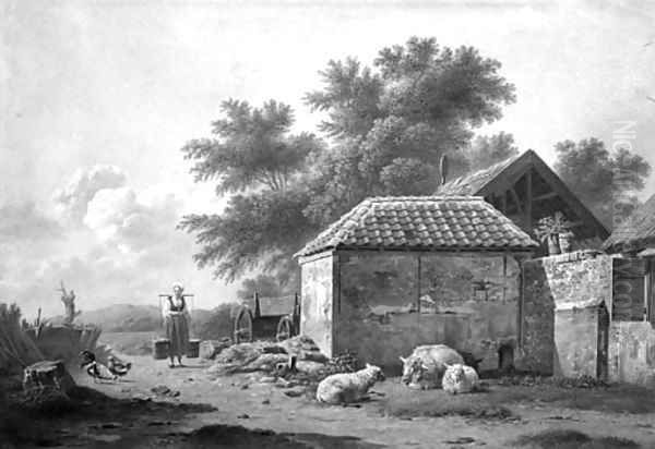 A farmyard with a milkmaid, chickens and sheep Oil Painting by Jean Franois Valois