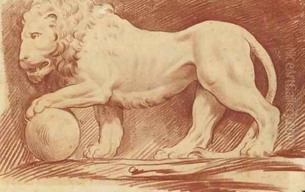 A lion in profile to the left, his left paw resting on a sphere Oil Painting by Louis-Claude Vasse