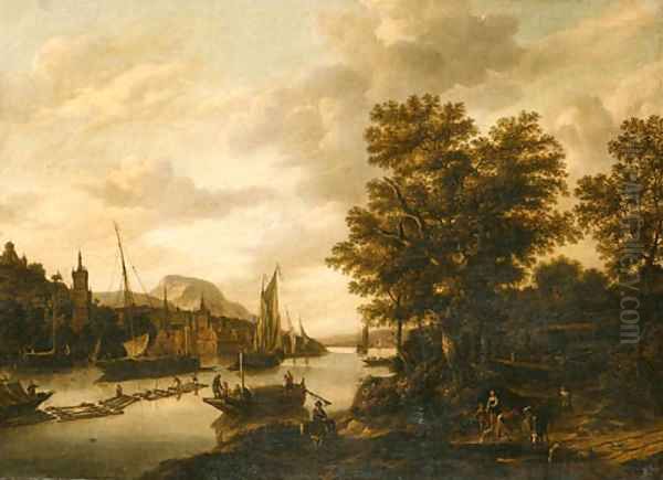 .A river Landscape with Loggers and Sailboats Oil Painting by Adriaen Hendriksz. Verboom