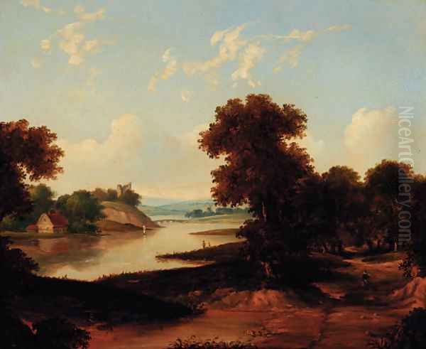 A figure on a riverside track, a ruined castle beyond Oil Painting by Alfred Vickers