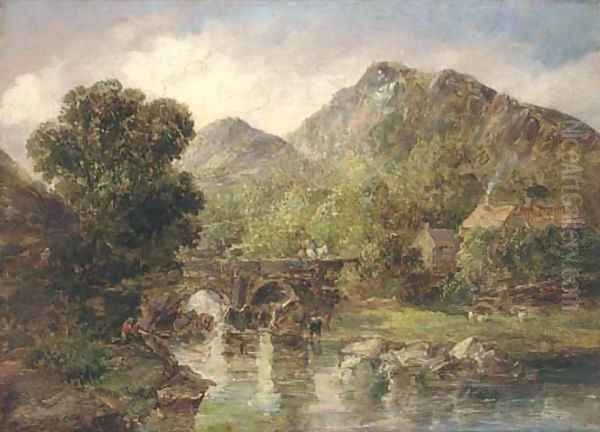 Figures crossing a bridge in a rocky river landscape Oil Painting by Alfred Vickers