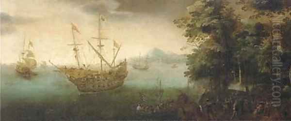 A coastal landscape with soldiers disembarking from a man-o'-war Oil Painting by Cornelis Verbeeck