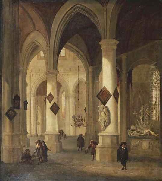 The interior of the Oude Kerk, Delft, with peasants and elegant townsfolk near the funerary monument of Admiral Maerten Harpertsz. Tromp Oil Painting by Hendrick Van Vliet