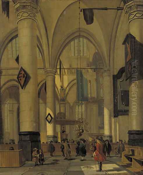 A view in a Gothic Church with elegant townsfolk Oil Painting by Hendrick Van Vliet