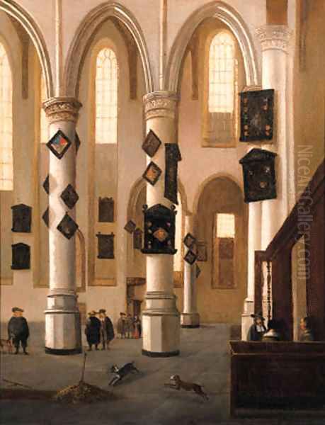 A view in the Oude Kerk, Delft, looking east from the Northern aisle, with townsfolk near an open grave Oil Painting by Hendrick Van Vliet