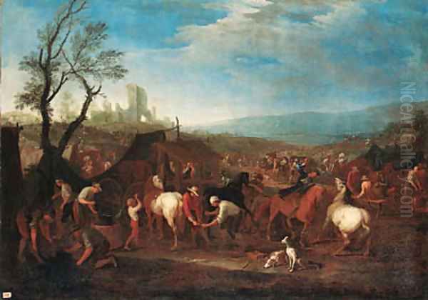 A military encampment with a blacksmith and farriers in an extensive landscape Oil Painting by Jan Peeter Verdussen