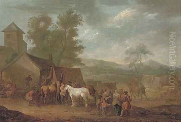 A wooded landscape with horses and figures by a farrier Oil Painting by Jan Peeter Verdussen