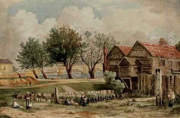 A boathouse at Millbank near Vauxhall Bridge Oil Painting by John Varley