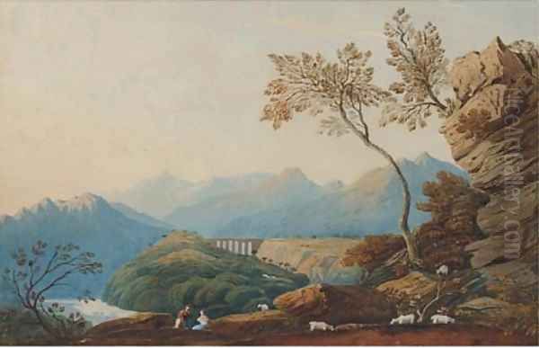 Figures and sheep before a viaduct Oil Painting by John Varley