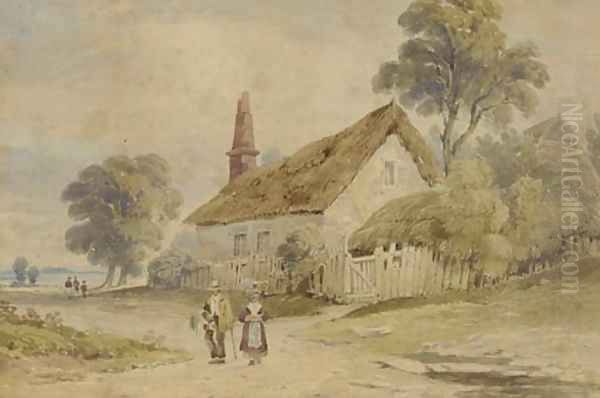 Figures walking along a village lane Oil Painting by John Varley