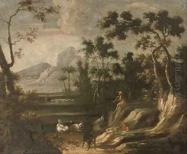 A wooded landscape with herdsmen, mountains beyond Oil Painting by Lodewijk De Vadder