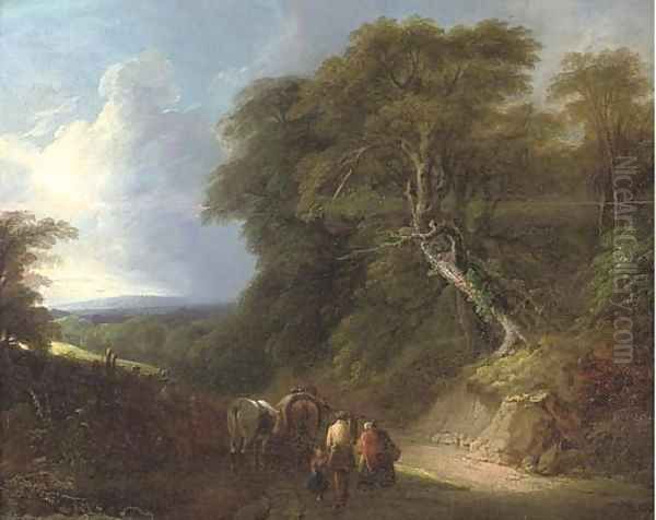 A wooded landscape with travellers on a track Oil Painting by Lodewijk De Vadder