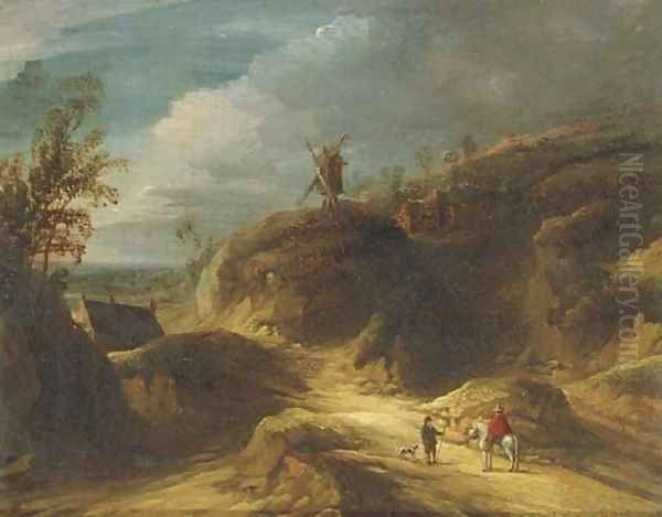 A mountainous landscape with travelers conversing on a path, a windmill beyond Oil Painting by Lodewijk De Vadder