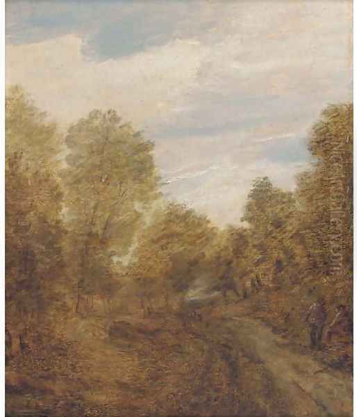 A wooded landscape with figures on a track Oil Painting by Lodewijk De Vadder