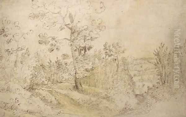 A wooded landscape, perhaps near the village of Vorst outside Brussels, with a horseman seen in the distance Oil Painting by Lodewijk De Vadder