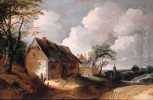 A road leading to a village, with poultry on a farmyard in the foreground Oil Painting by Lodewijk De Vadder