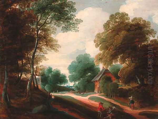 A wooded landscape with travellers conversing on a track Oil Painting by Lodewijk De Vadder