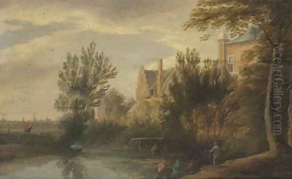 A river landscape with a fisherman, a town beyond Oil Painting by Lodewijk De Vadder