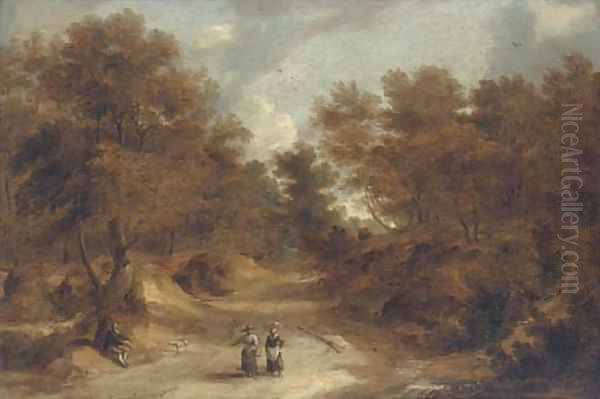 A wooded landscape with peasants on a path Oil Painting by Lodewijk De Vadder