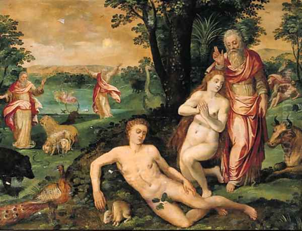 The Creation of Eve, with the Creation of the Sky, the Earth, the Animals and Adam beyond Oil Painting by Maerten De Vos