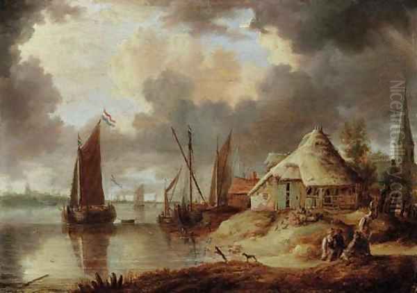 A river estuary with sailboats and peasants on a track near a thatched barn Oil Painting by Peter van den Velde