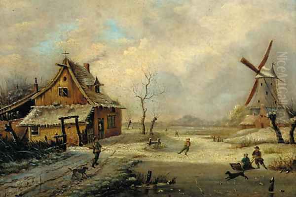 Figures in a frozen winter landscape with a windmill beyond Oil Painting by Henri Voordecker