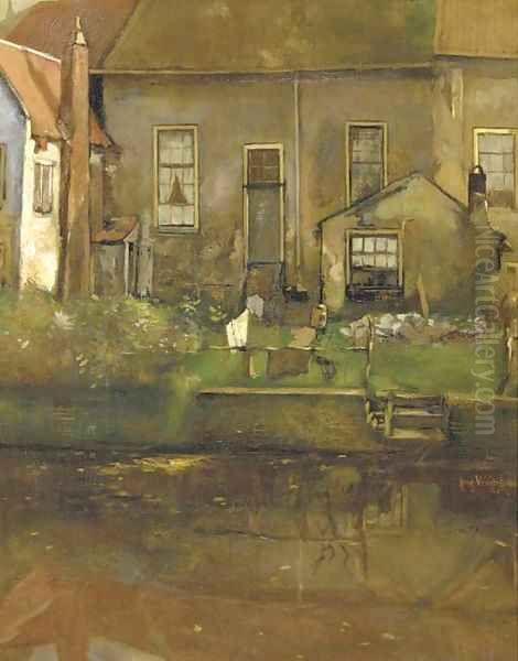 Achtergracht te Amersfoort a view of gables on a canal Oil Painting by Herman Verkerk